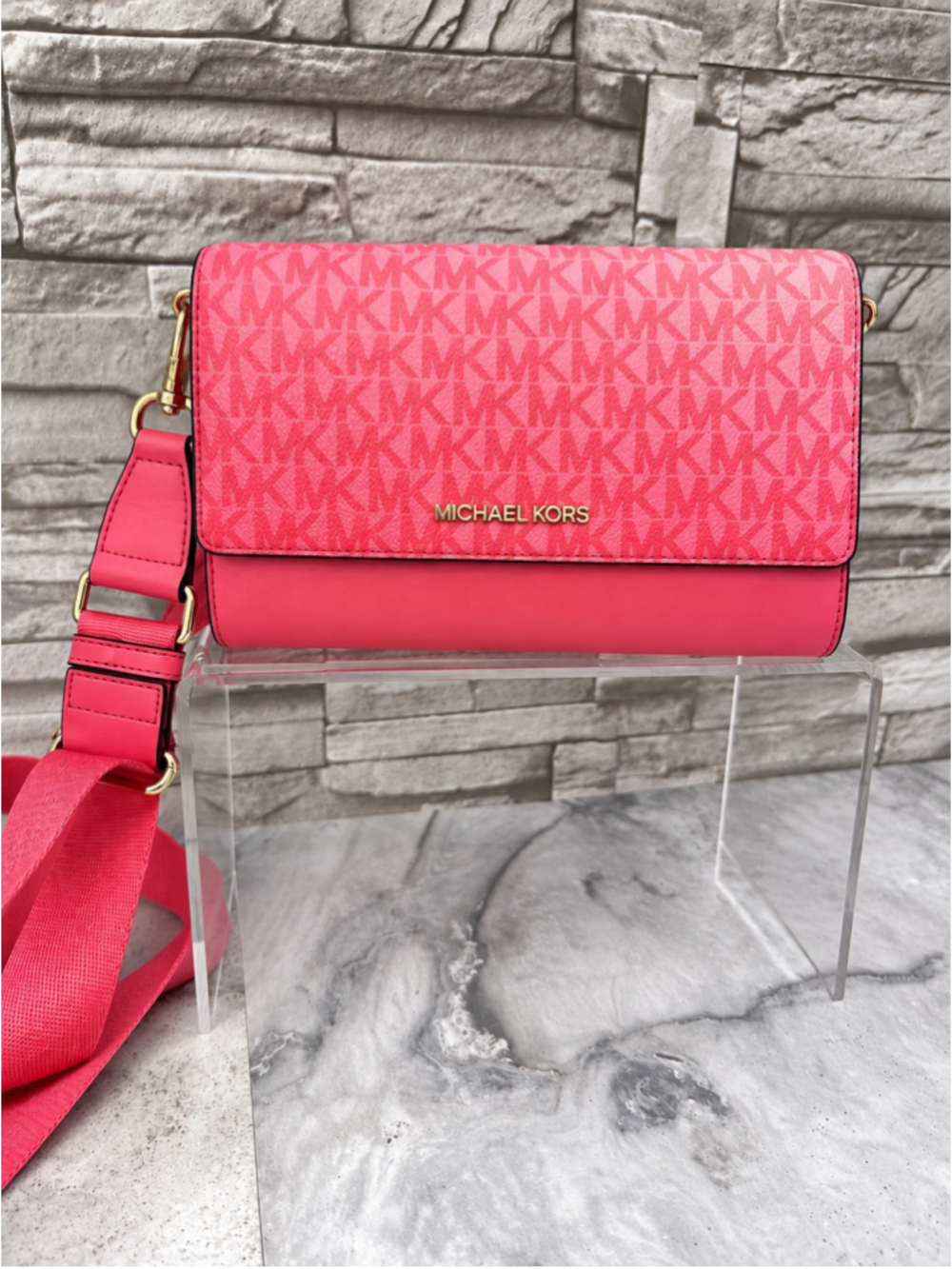 Michael Kors Ombre Signature Logo Crossbody Bag Hibiscus Pink